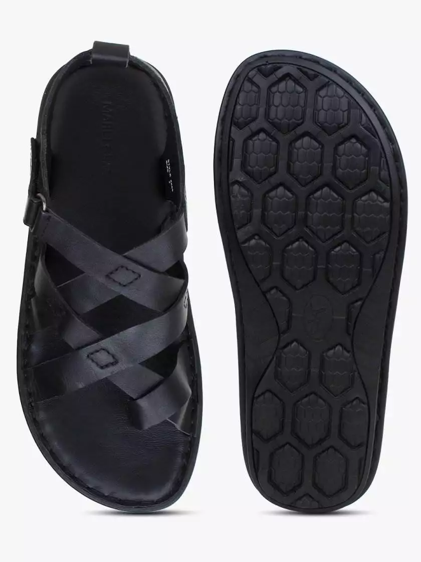 Black Leather Multi Strap Single Toed Sandals for Men - Image 7
