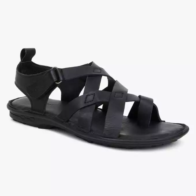 Black Leather Multi Strap Single Toed Sandals for Men