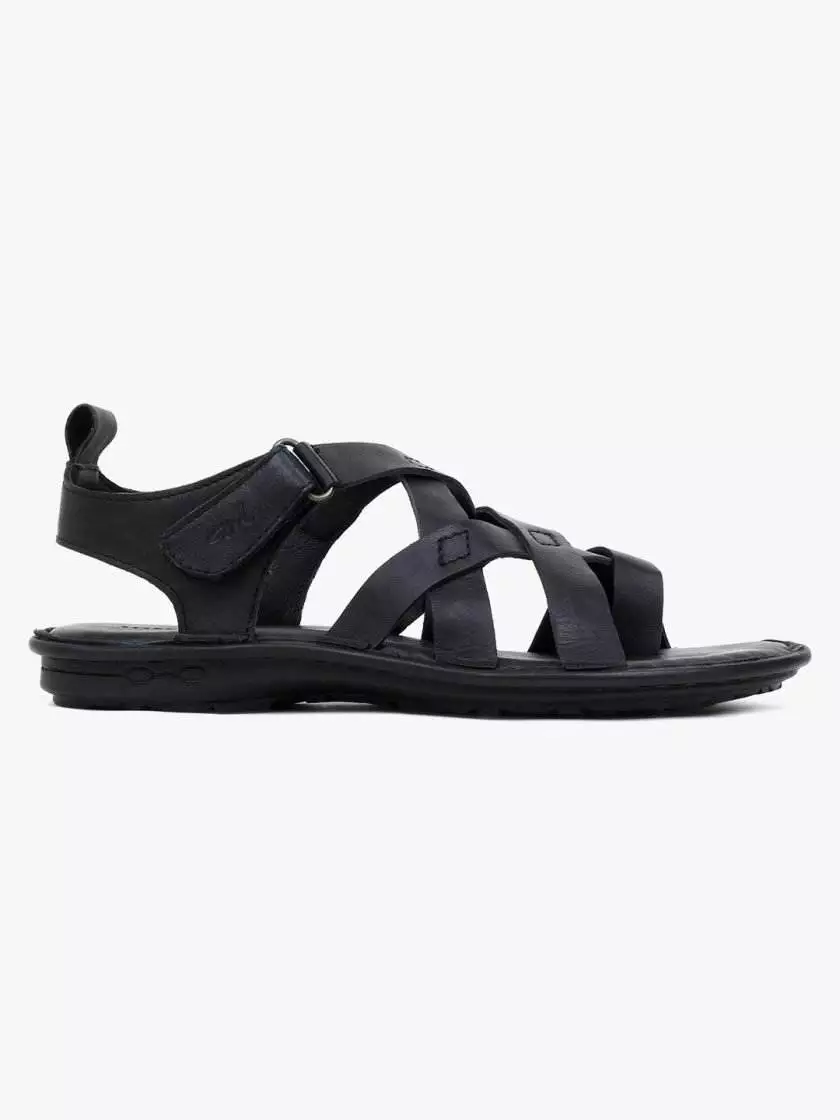 Black Leather Multi Strap Single Toed Sandals for Men - Image 5