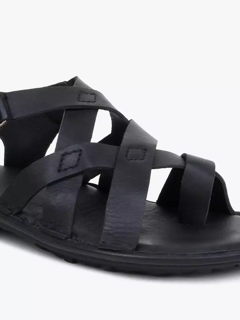 Black Leather Multi Strap Single Toed Sandals for Men - Image 4