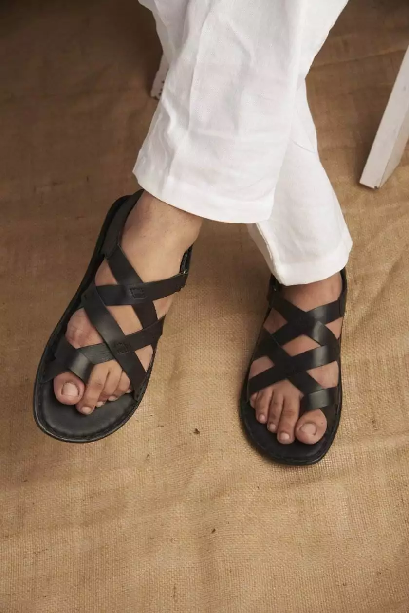 Black Leather Multi Strap Single Toed Sandals for Men - Image 2