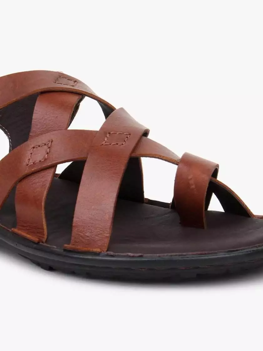 Brown Leather Multi Strap Single Toed Sandals for Men - Image 6