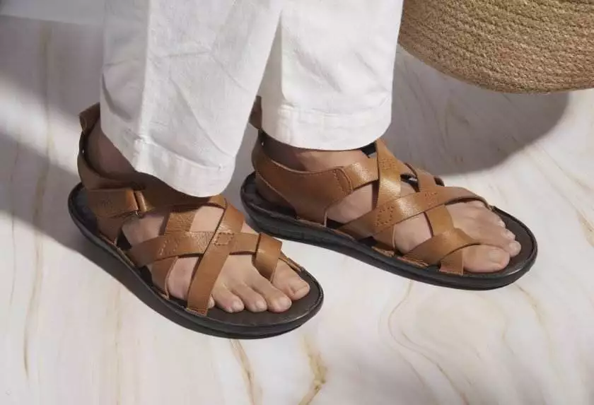 Tan Leather Multi Strap Single Toed Sandals for Men - Image 2