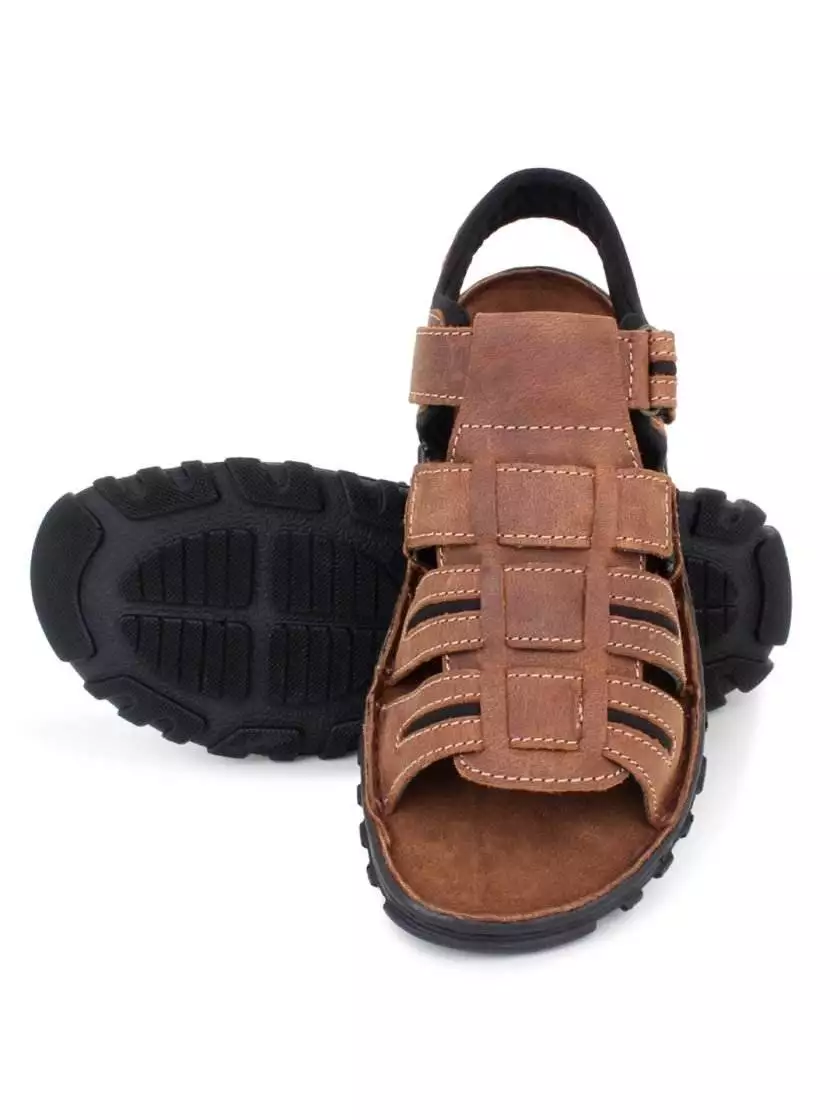 Brown Leather Open Toe Sandals for Men - Image 2