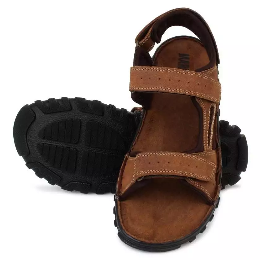 Tan Leather Sandals With Dual Strap closure for Men - Image 3