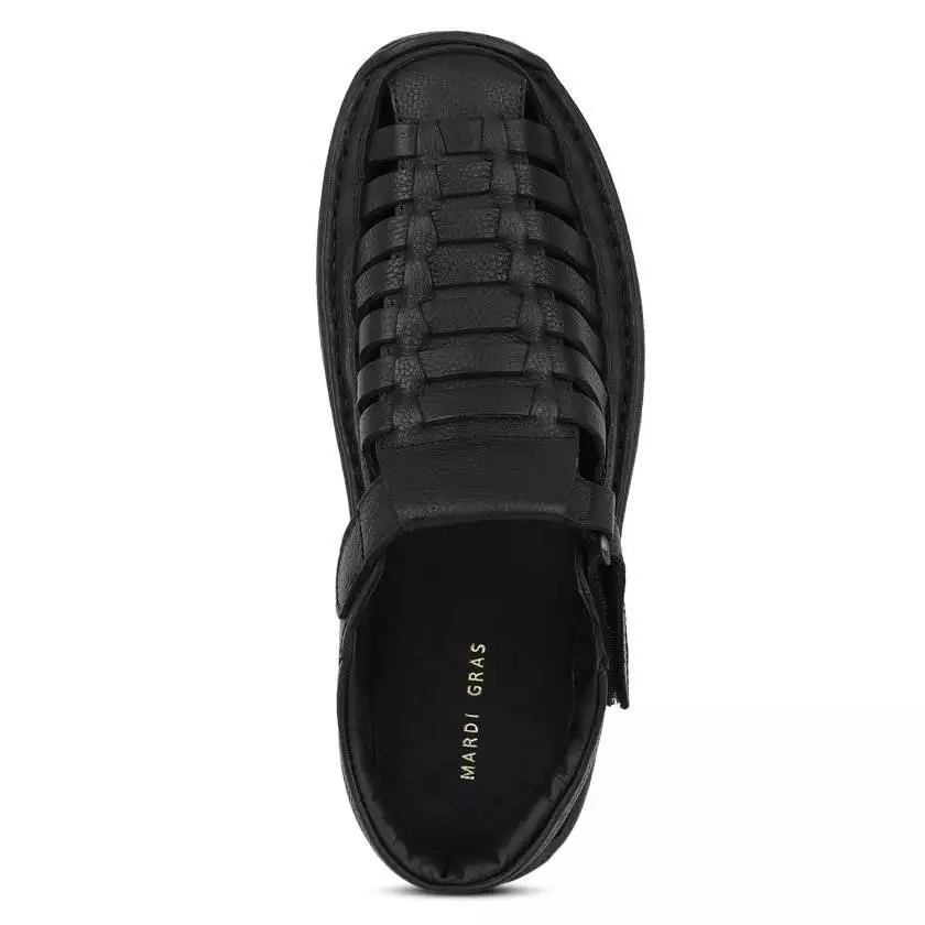 Black Leather Multi Strap Shoe Type Sandals for Men - Image 7