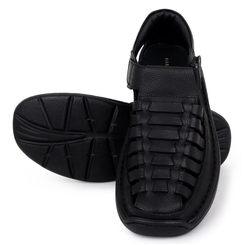 Black Leather Multi Strap Shoe Type Sandals for Men - Image 4