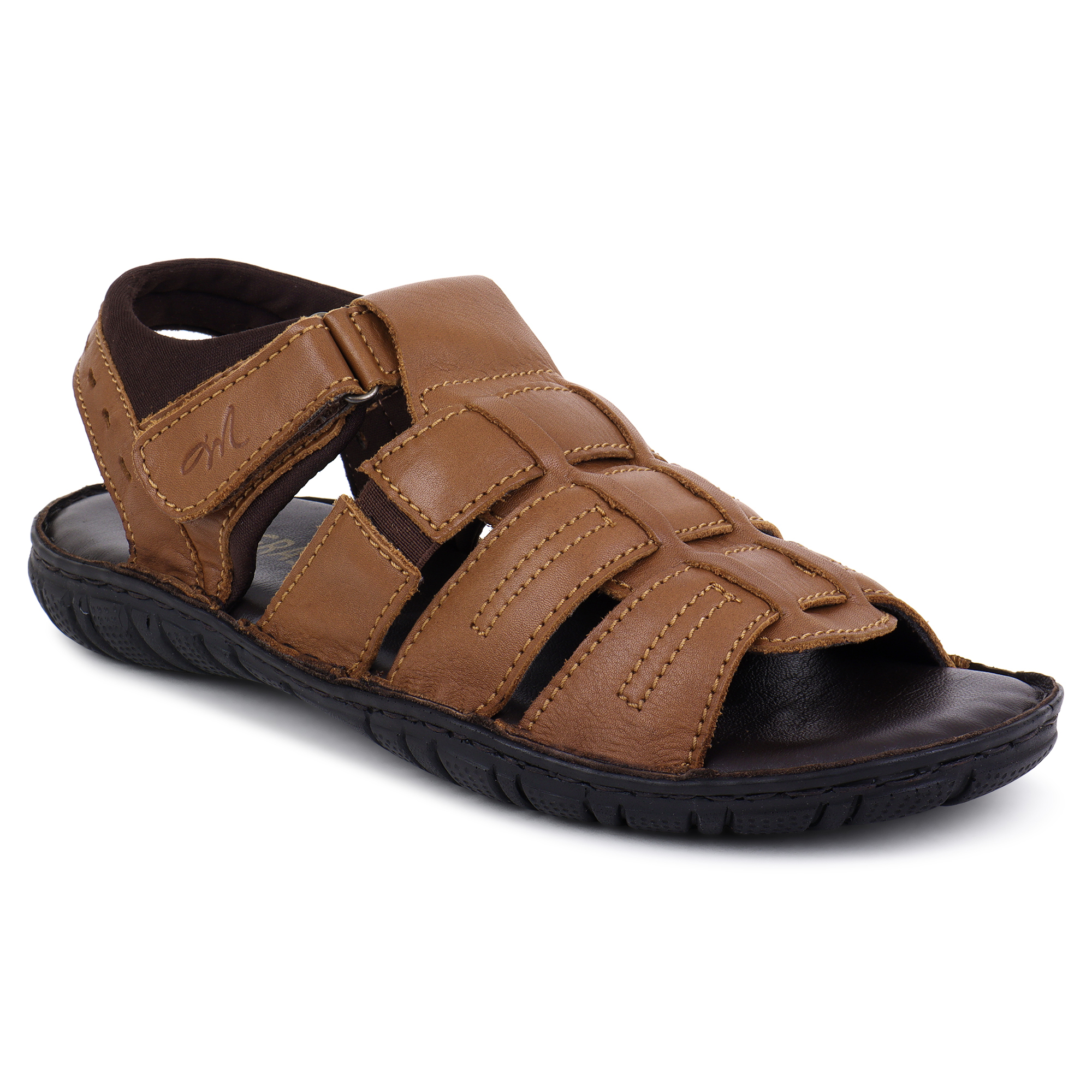 Brown Leather Open Toed Sandals with Strap Closure for Men