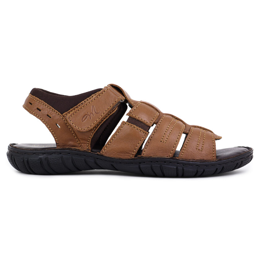 Brown Leather Open Toed Sandals with Strap Closure for Men - Image 2