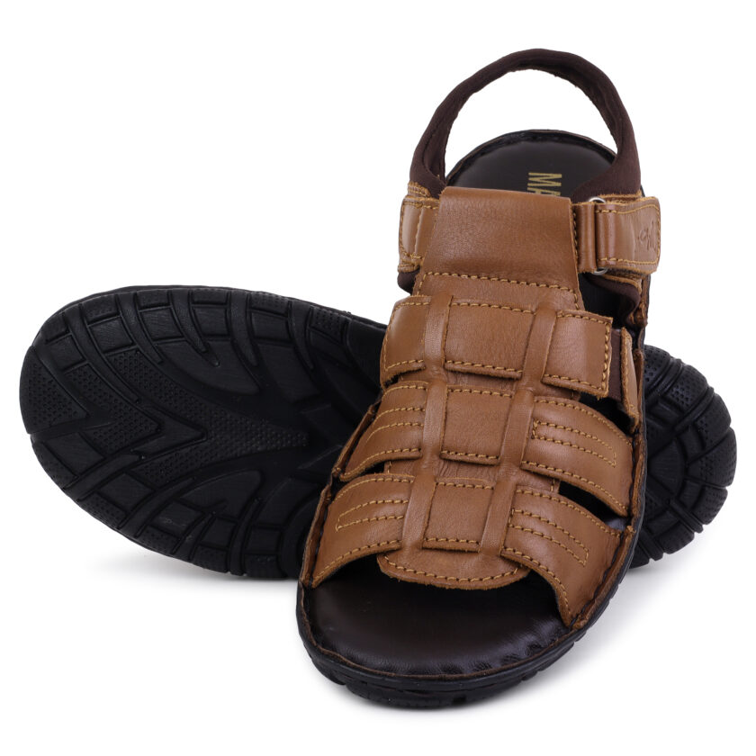 Brown Leather Open Toed Sandals with Strap Closure for Men - Image 3