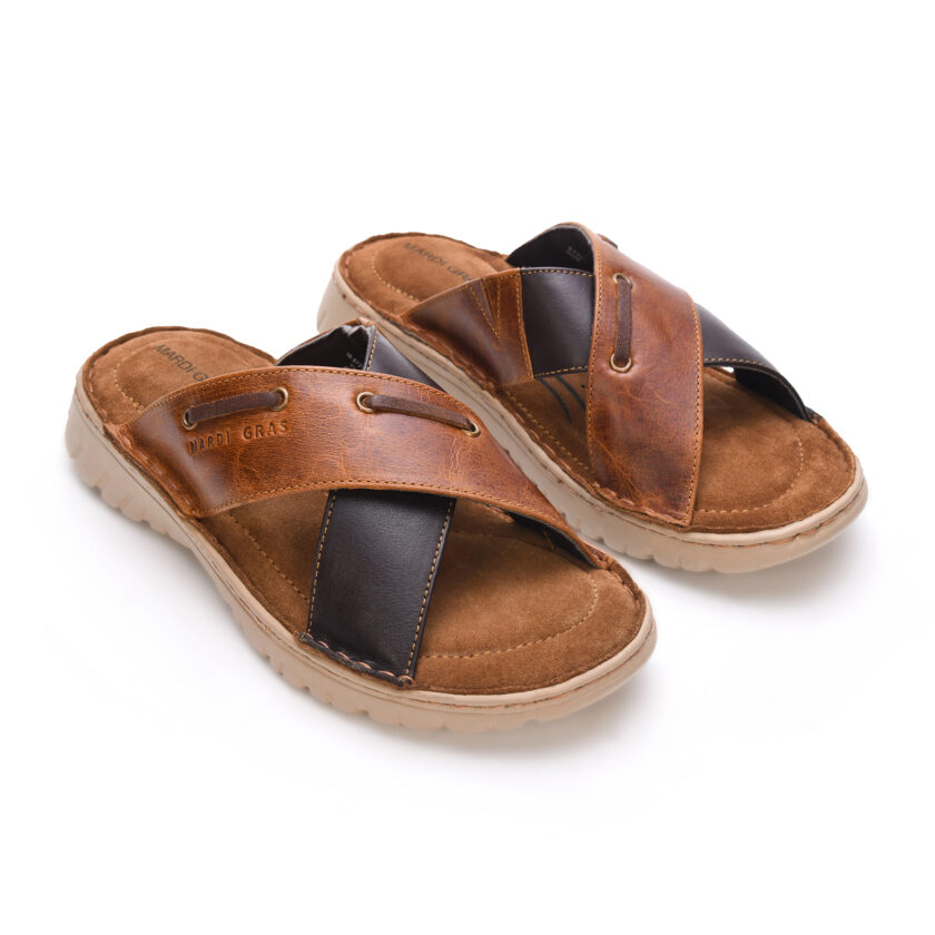 MARDI GRAS Men's Leather Thong Sandals, Cushioned Insole Slippers, Comfortable Chappal (Tan/D.Brown, UK Footwear Size System, Adult, Men ) - Image 2