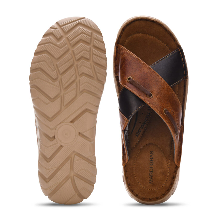 MARDI GRAS Men's Leather Thong Sandals, Cushioned Insole Slippers, Comfortable Chappal (Tan/D.Brown, UK Footwear Size System, Adult, Men ) - Image 4