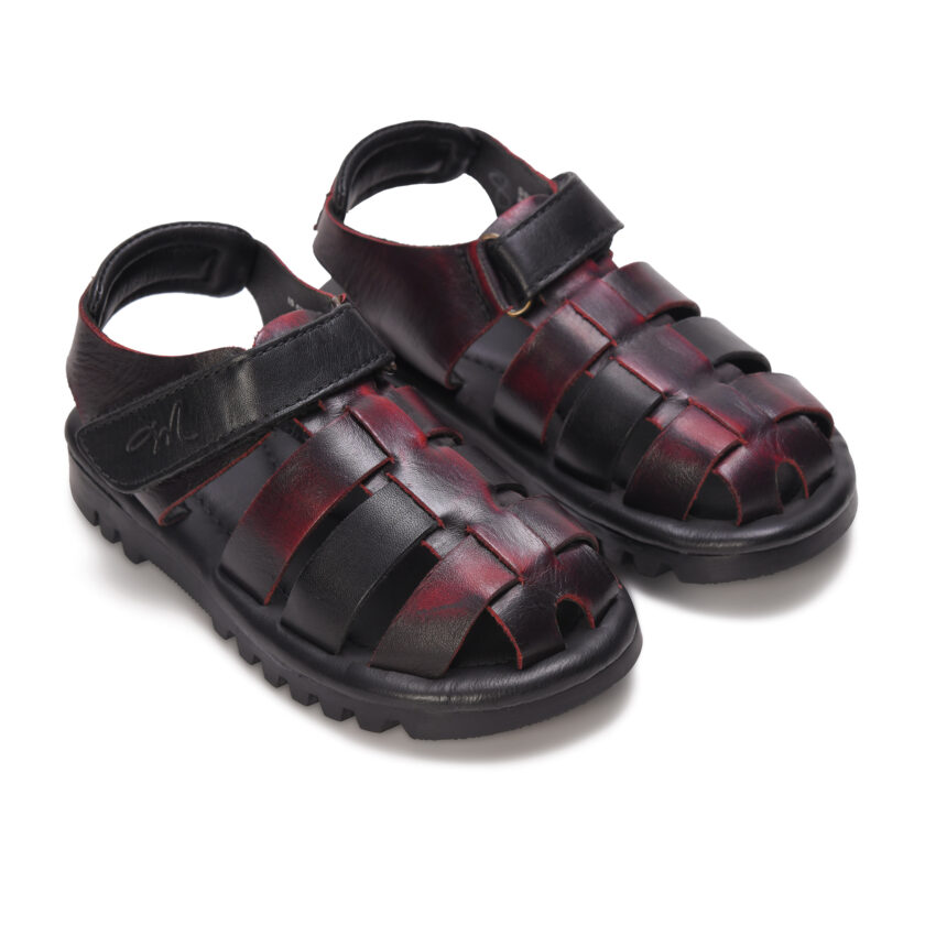 Mardi Gras Premium Leather Toddler Sandals | Closed-Toe Fisherman Style | Anti-Slip Rubber Sole | Velcro Strap | Boys & Girls Summer Shoes (Black/Burgundy, UK Footwear Size System, Toddler) - Image 2