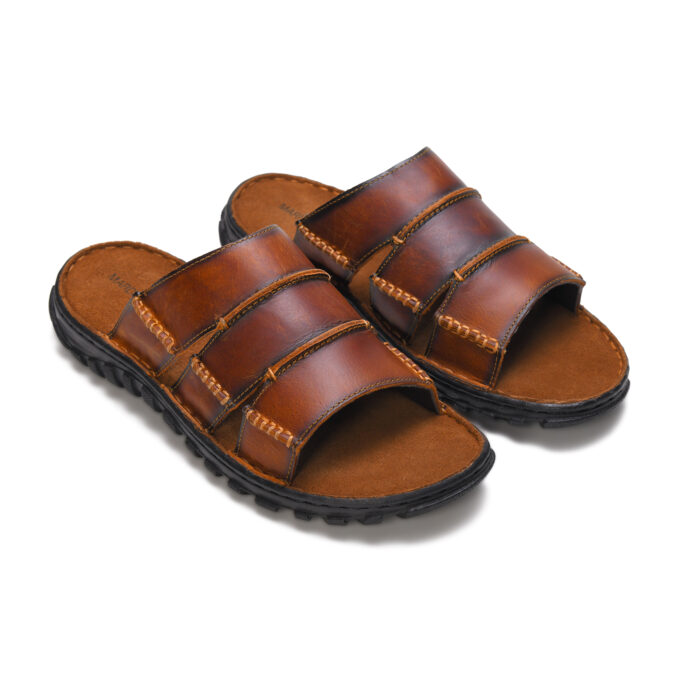 Men's Brown Leather Sandals, Comfort Slip-On Chappals with Multi-Strap Design (Tan, 10, UK Footwear Size System, Adult, Men)